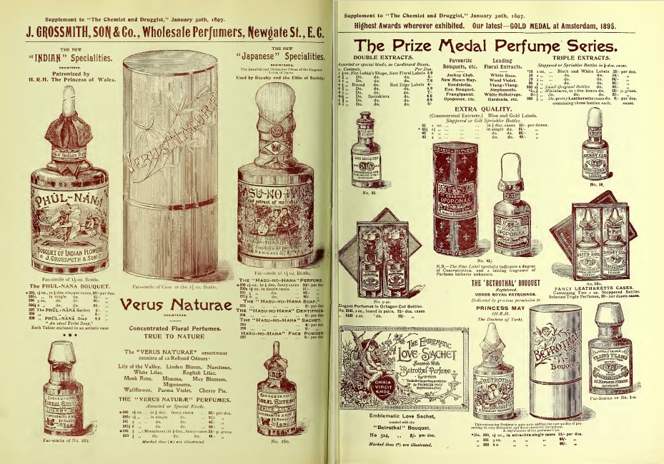 Supplement to "The Chemist and Druggist," January 30th, 1897 NEW AND ARTISTIC PERFUMERY AND HIGH-CLASS TOILET SOAPS. Grossmith, Son & Co 